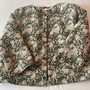 Tory Burch SZ 10 Green and Cream Patterned Blazer button-down Medieval motif